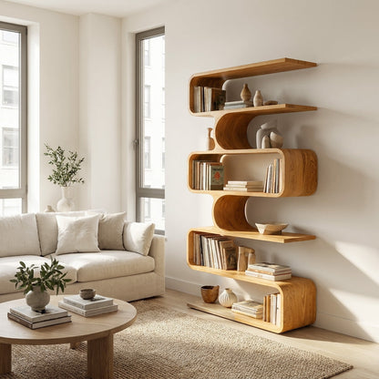 Handcrafted Wooden Bookshelf With Sculpture Edges For Living Room Kitchnce