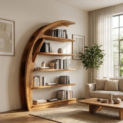 Minimal Curved Wooden Bookshelf For Living Room Display Kitchnce