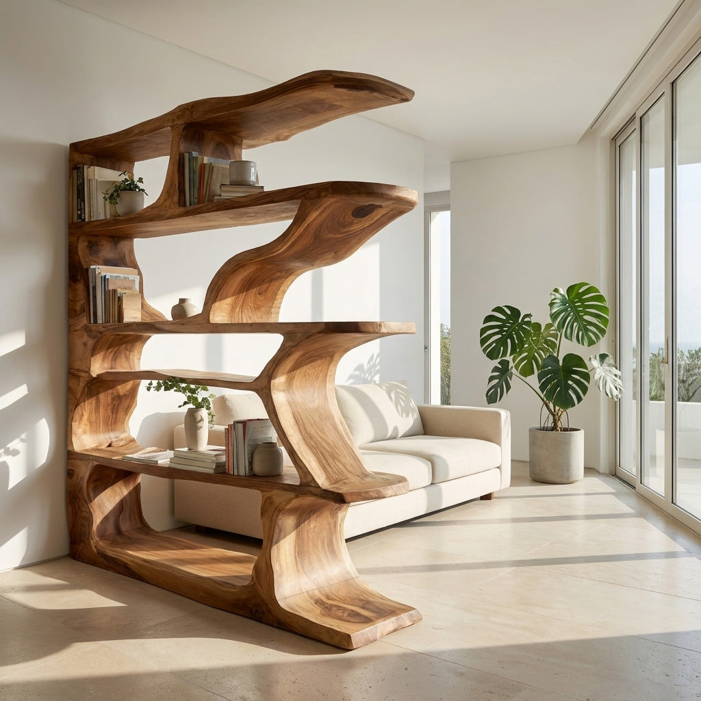 Contemporary Artistic Wooden Bookshelf For Living Room Storage Kitchnce