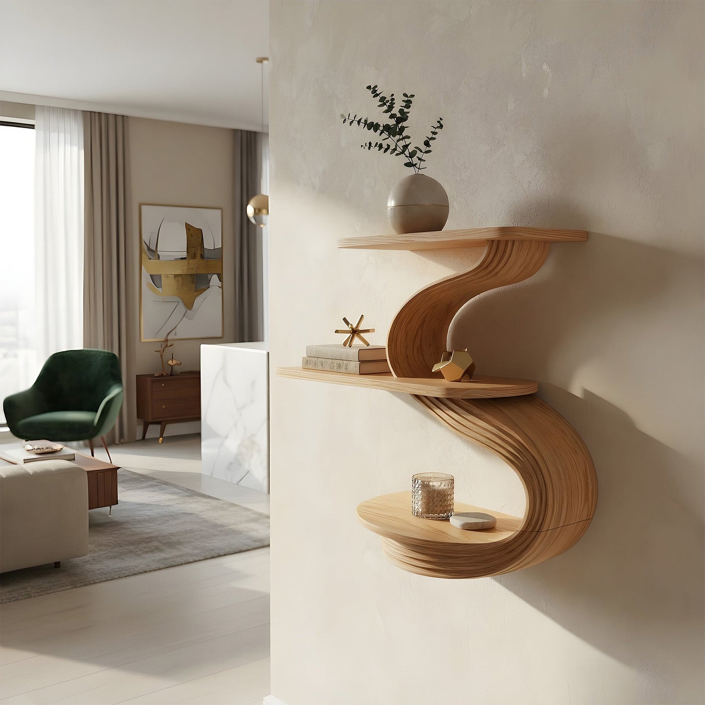 Three-Tier S-Shaped Floating Wall Shelf in Natural Wood