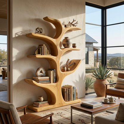 Modern Wood Bookshelf Sculptural Curved Design For Living Room Kitchnce