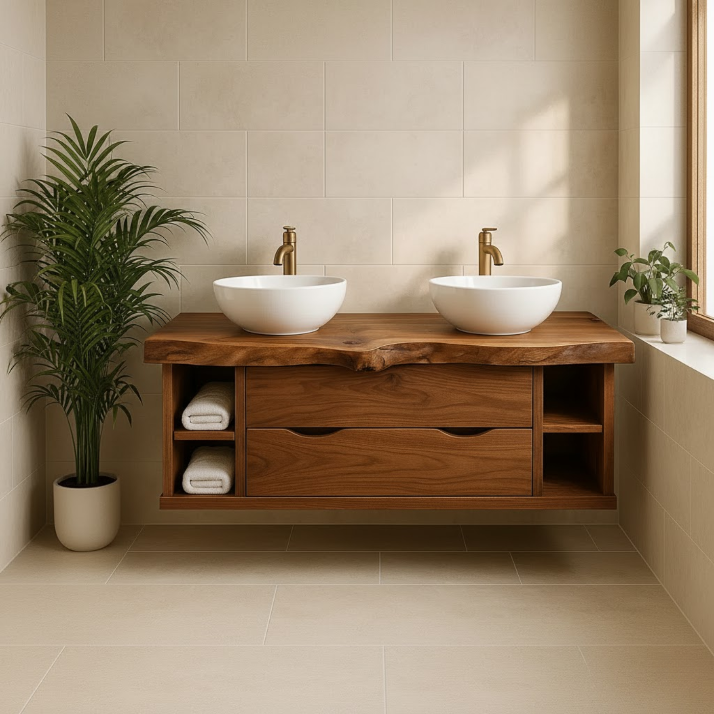 Handcrafted Solid Wood Live-Edge Double Vanity - Rustic Floating Console with Storage Kitchnce