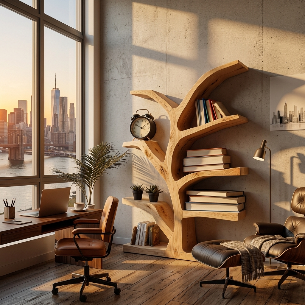 Wooden Bookshelf With Organic Form For Living Area Kitchnce