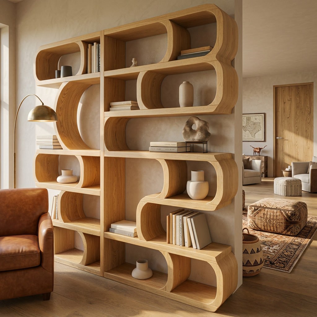 Modern Sculptural Bookshelf With Symmetrical Curves For Living Room Or Office Kitchnce