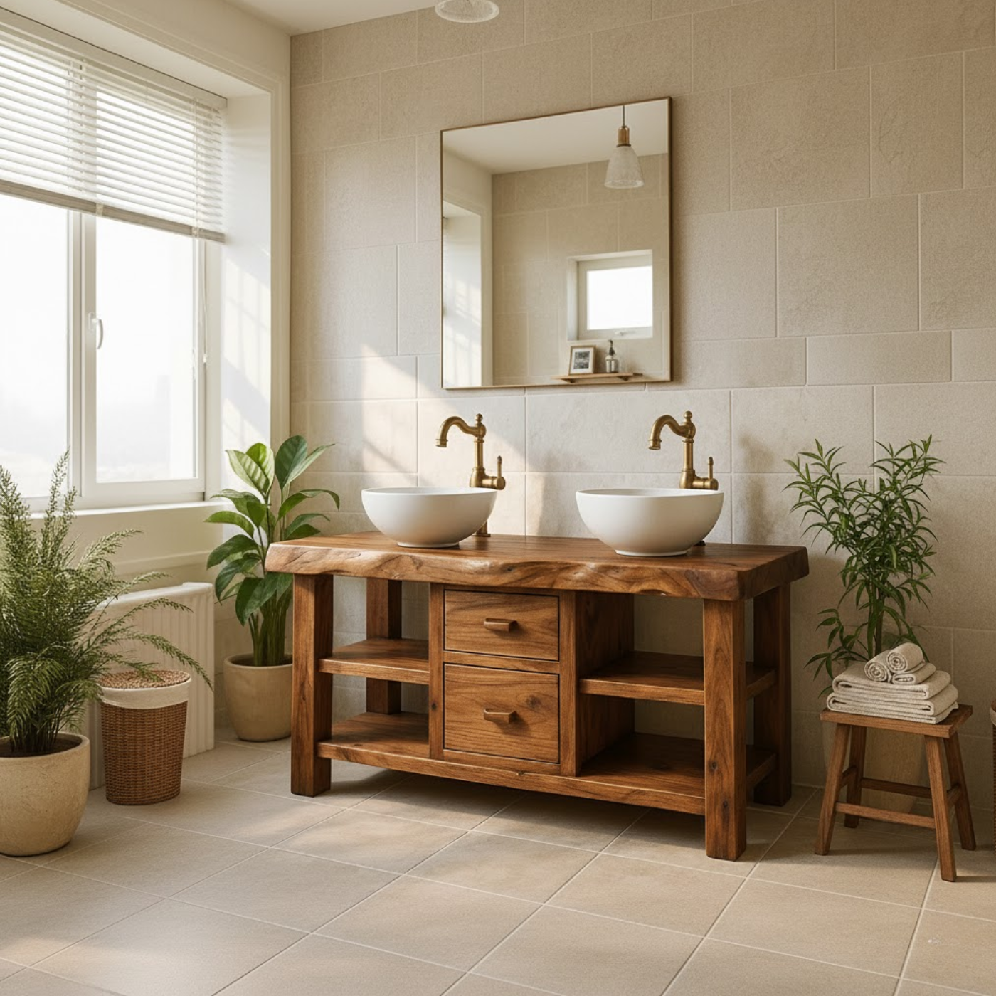 Handcrafted Solid Wood Floating Double Vanity - Live Edge Top, 2 Drawers & Open Shelves Kitchnce