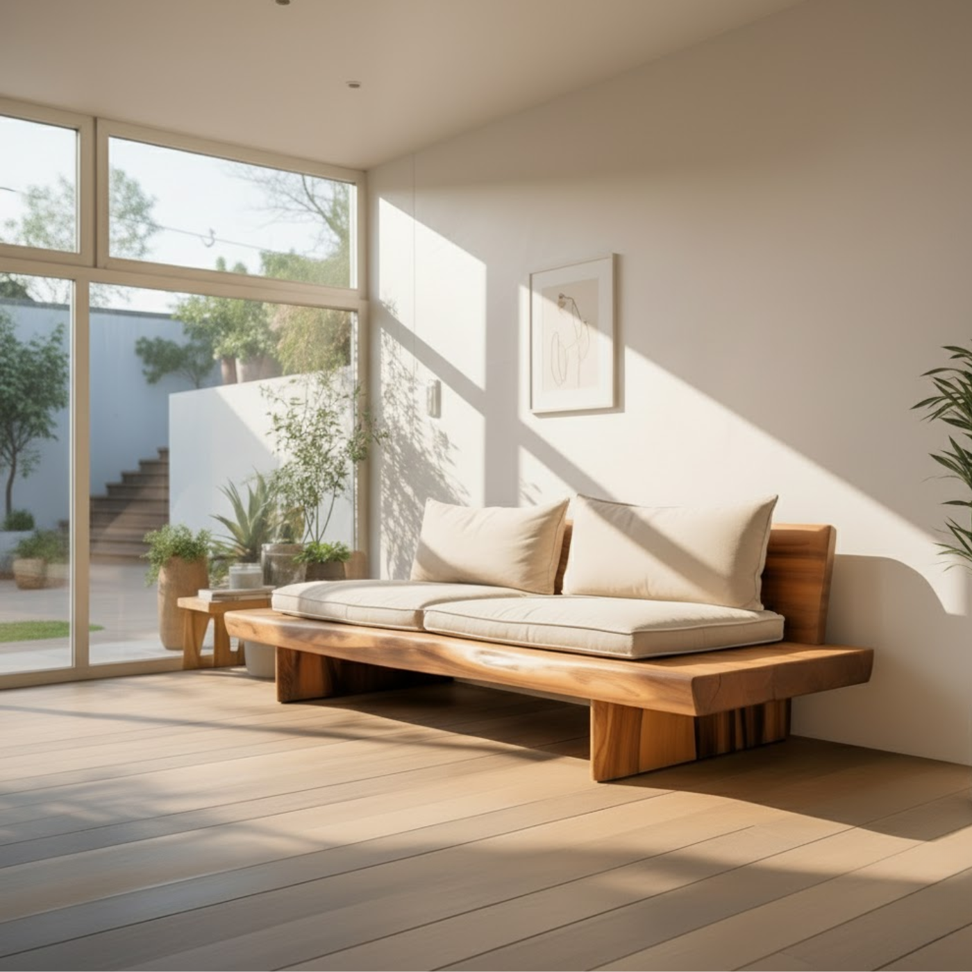 Handcrafted Solid Wood Sofa – Low Minimalist Design with Natural Live Edge and Linen Cushions Kitchnce