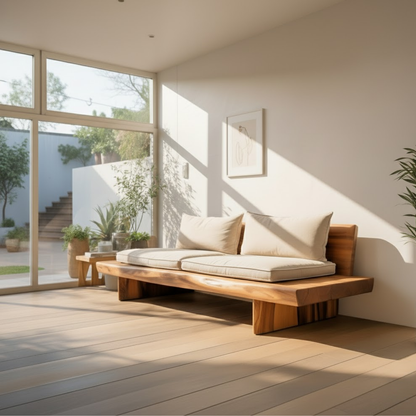 Handcrafted Solid Wood Sofa – Low Minimalist Design with Natural Live Edge and Linen Cushions Kitchnce