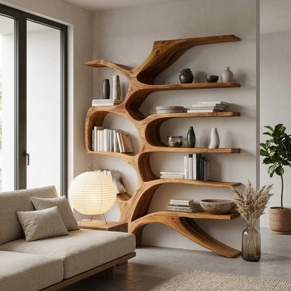 Contemporary Sculpted Wooden Bookshelf For Living Room Decor Kitchnce