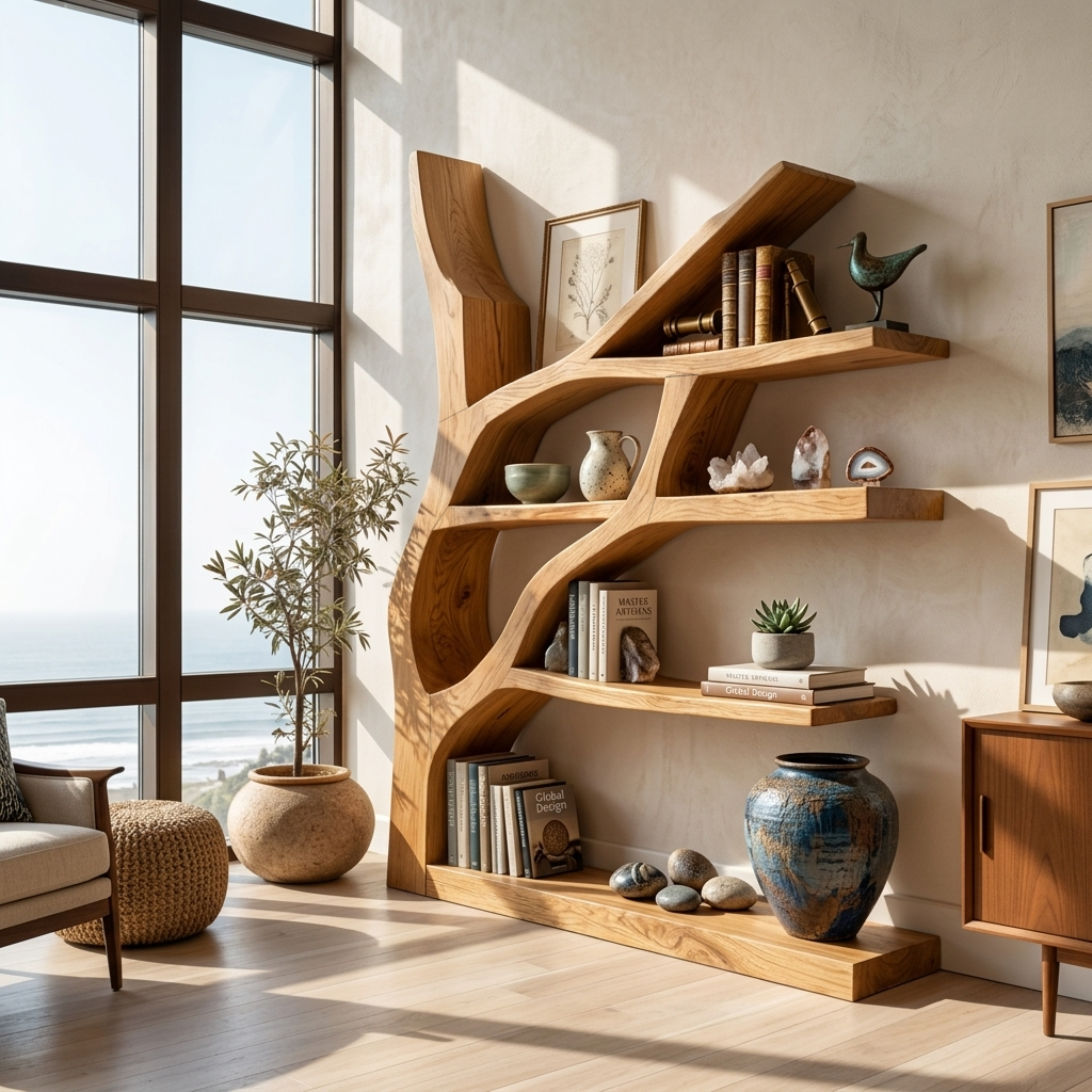 Contemporary Wooden Bookshelf Sculptural Shape For Living Room Kitchnce