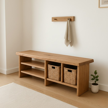 Handcrafted Solid Wood Bench – Minimalist Seating with Open Cubby Organiser Kitchnce