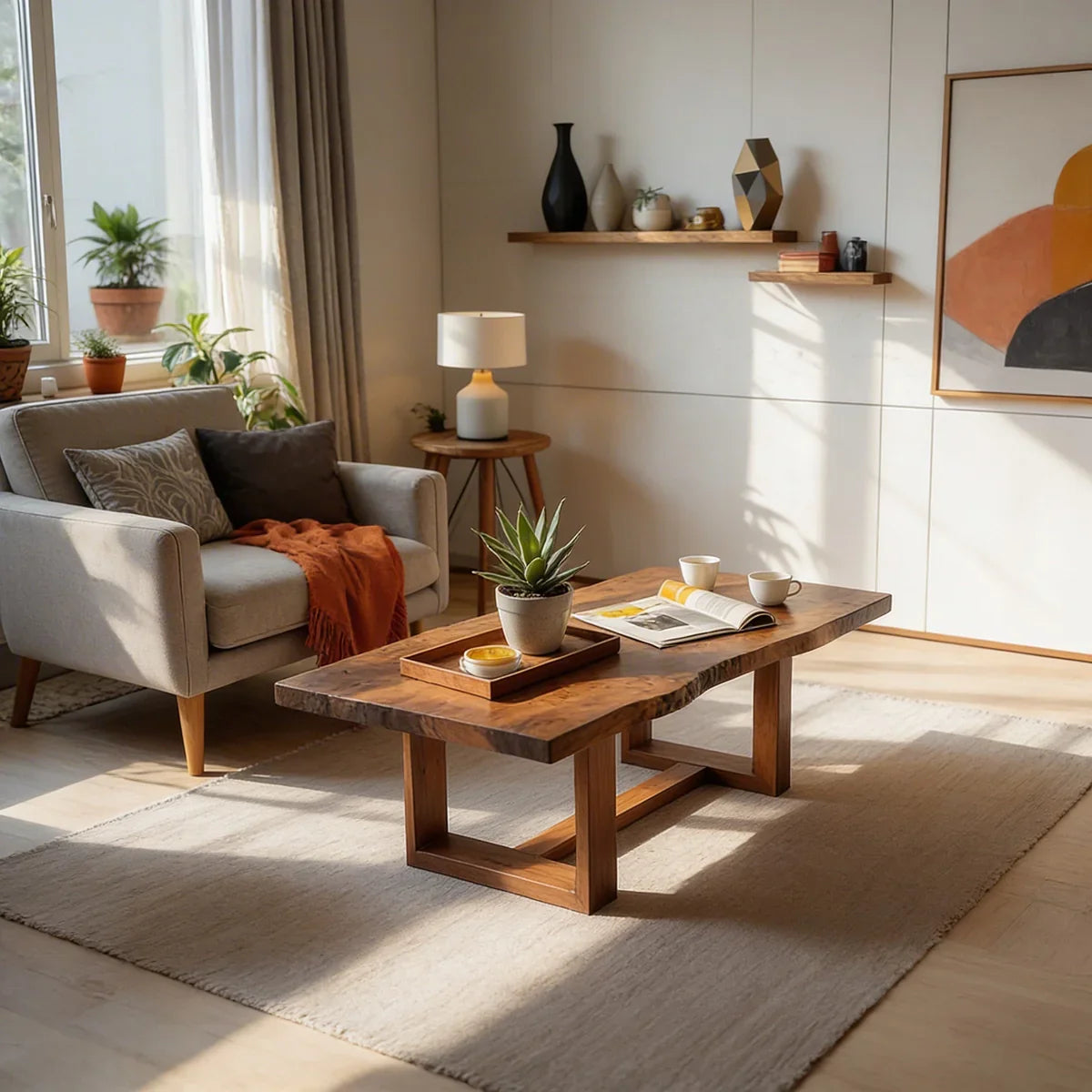 Live Edge Natural Wood Coffee Table with Sculptural Base