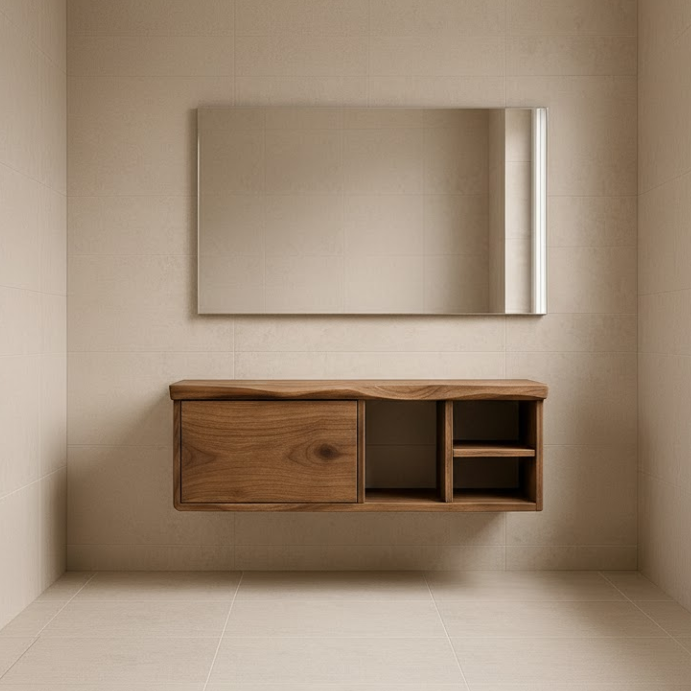 Handcrafted Solid Wood Floating Vanity - Asymmetrical Walnut Console with Hidden & Open Storage Kitchnce