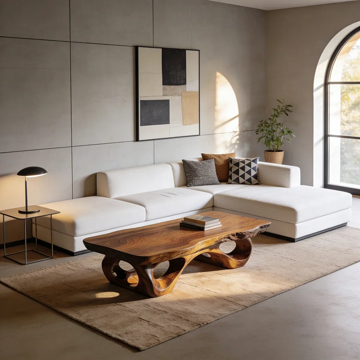 Sculptural Natural Wood Coffee Table with Organic Carved Base