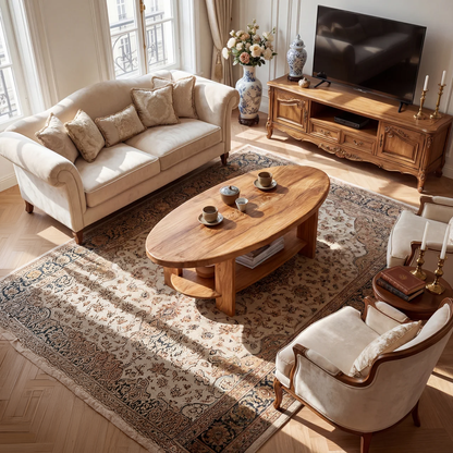 Oval Solid Wood Coffee Table with Open Shelf Storage