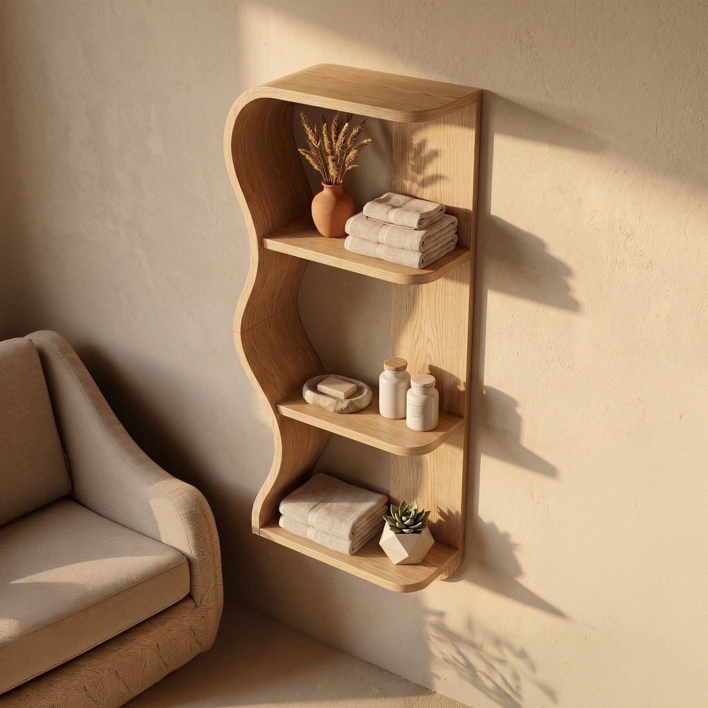 Vertical Wood Wall Shelf With Sculptural Open Display