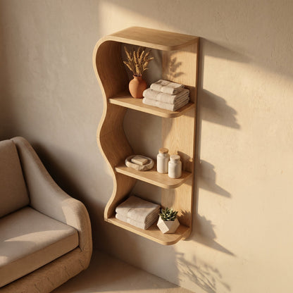 Vertical Wood Wall Shelf With Sculptural Open Display