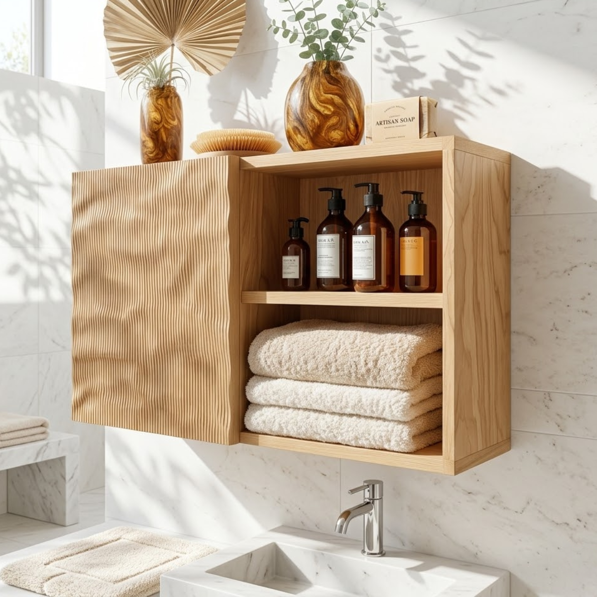 Floating Bathroom Cabinet, Modern Ribbed Wall Mounted Vanity Storage Shelf Organizer