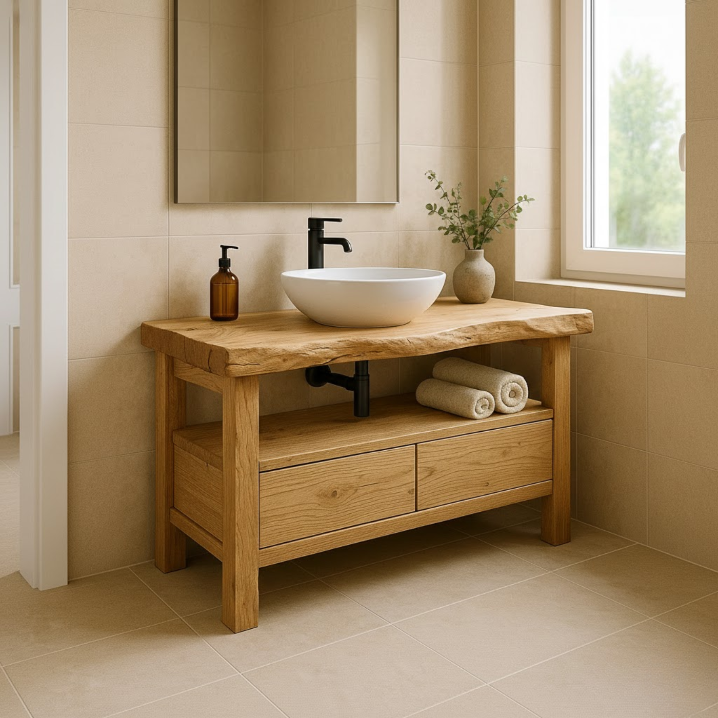 Handcrafted Solid Wood Bathroom Vanity - Live Edge Rustic Stand with Drawers & Shelf Kitchnce