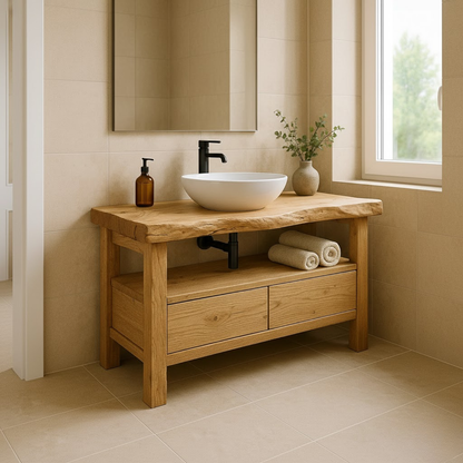 Handcrafted Solid Wood Bathroom Vanity - Live Edge Rustic Stand with Drawers & Shelf Kitchnce