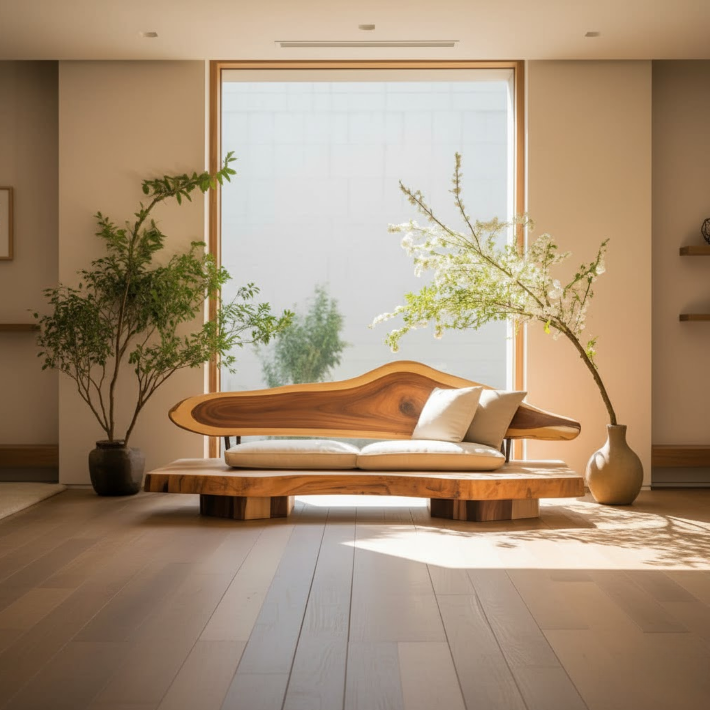 Handcrafted Solid Wood Sofa – Sculptural Live Edge Couch with Organic Form and Linen Cushions Kitchnce