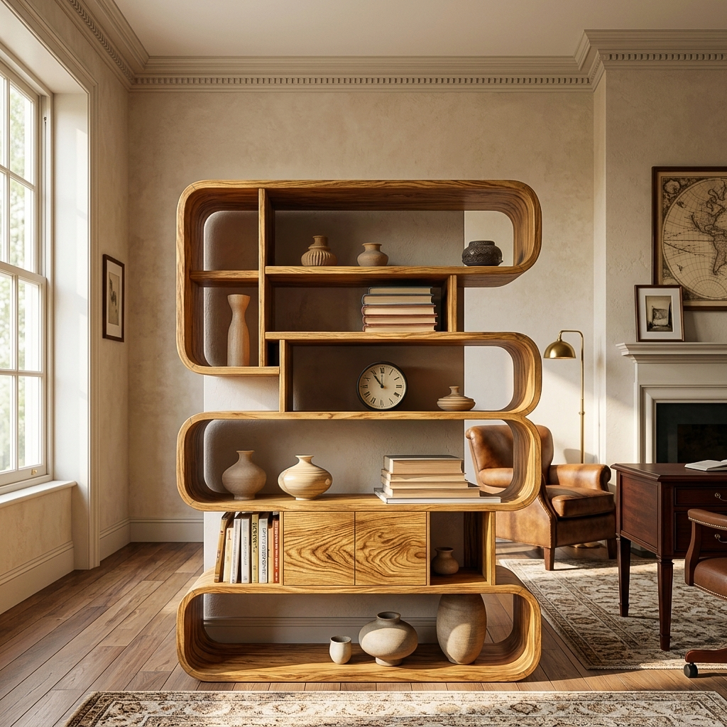 Statement Natural Wood Bookshelf With Rounded Form For Home Kitchnce
