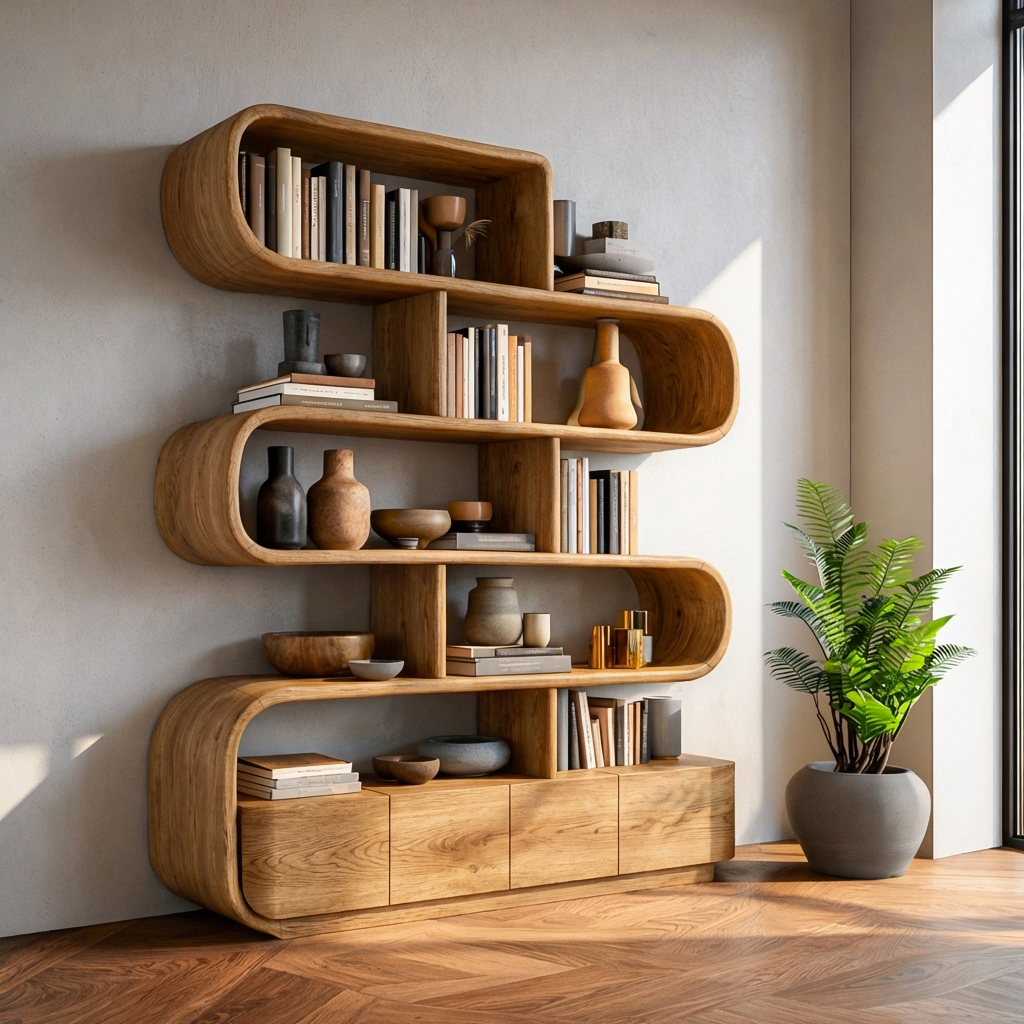 Organic Wooden Bookshelf With Flowing Form For Home Interior Kitchnce