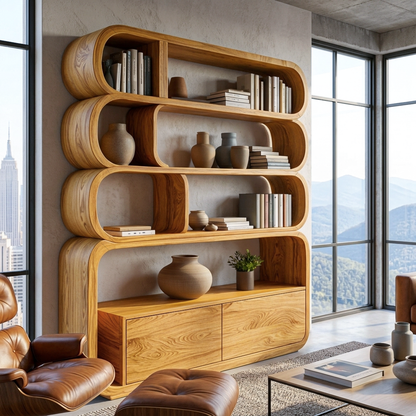 Modern Natural Wood Bookshelf With Curved Structure For Living Room Kitchnce