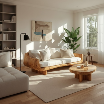 Handcrafted Solid Wood Sofa – Modern Curved Frame with Linen Cushions and Natural Finish Kitchnce
