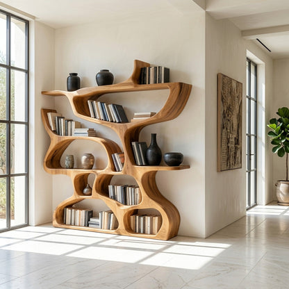 Modern Bookshelf With Organic Carved Design For Living Room Or Office Kitchnce