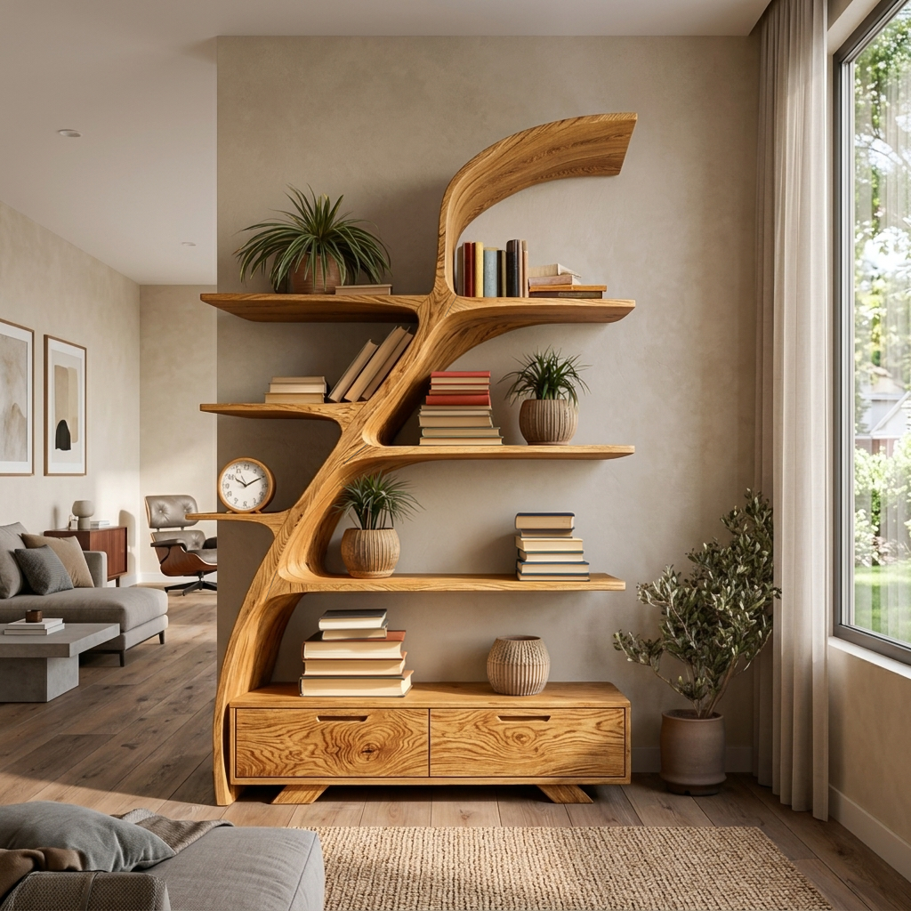 Modern Wooden Bookshelf For Living Area Kitchnce