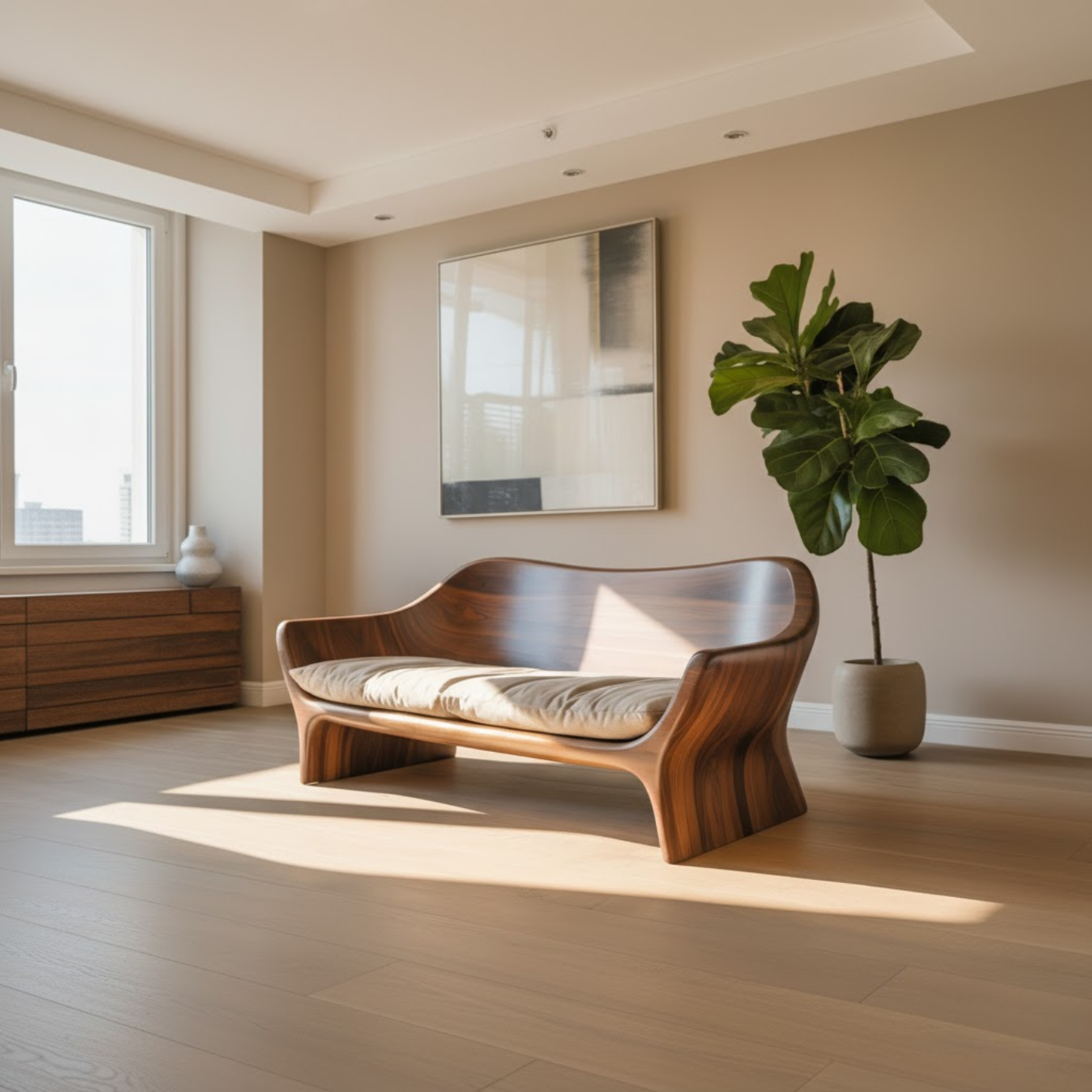 Handcrafted Solid Walnut Sofa – Sculptural Organic Wood Couch with Smooth Curves and Cushion Seat Kitchnce