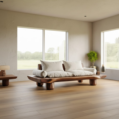 Handcrafted Solid Walnut Sofa – Low Organic Wood Couch with Linen Cushions and Rounded Legs Kitchnce