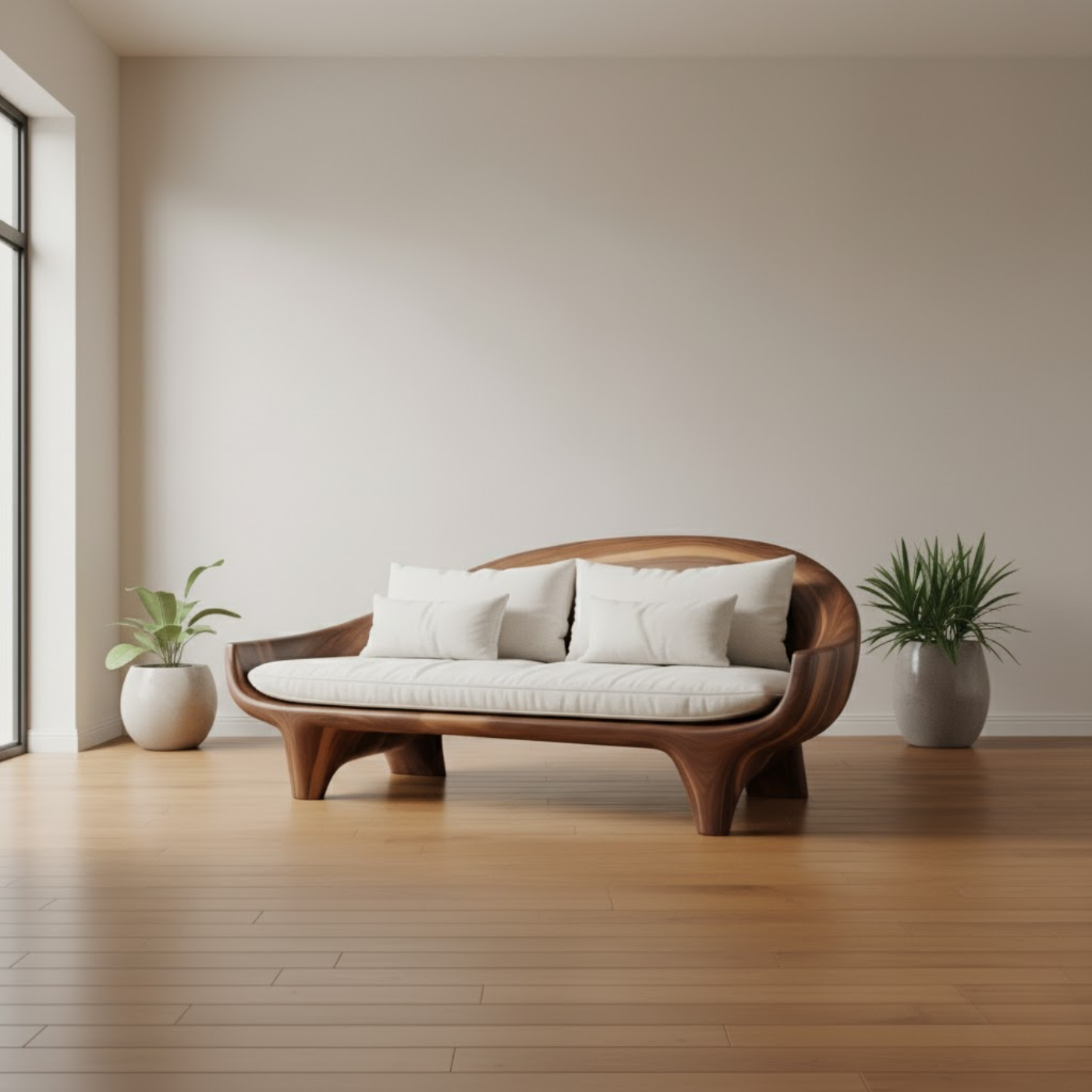 Handcrafted Solid Wood Sofa – Modern Organic Wood Couch with Smooth Curves and Linen Cushions Kitchnce