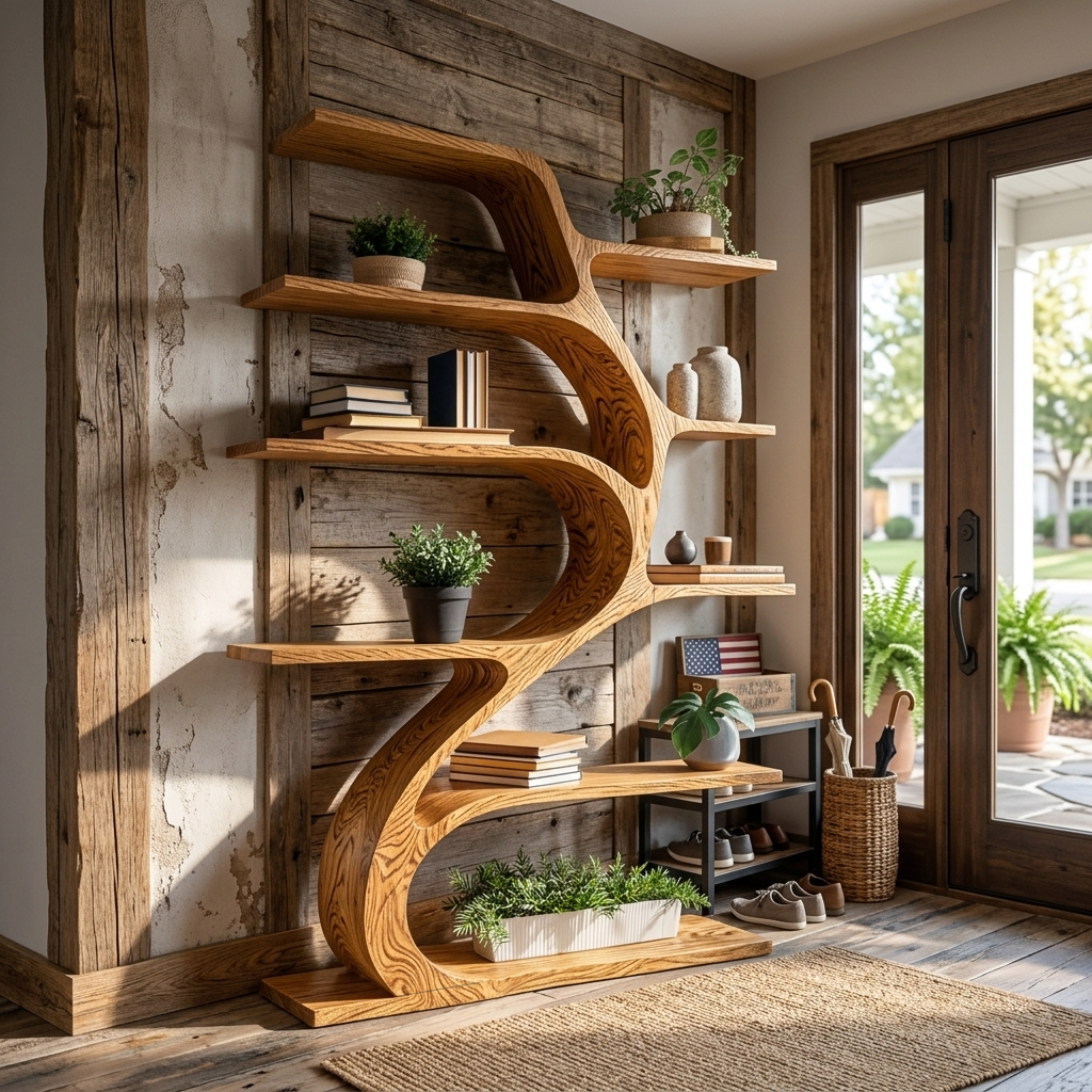 Minimal Natural Wood Bookshelf Branch Design For Interior Space Kitchnce