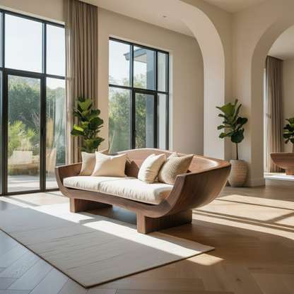 Handcrafted Solid Walnut Sofa – Modern Sculptural Wood Couch with Curved Organic Design Kitchnce