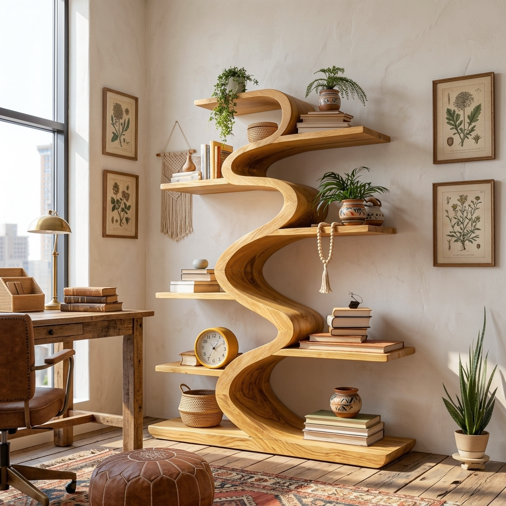 Modern Wooden Bookshelf Flowing Form For Living Room Kitchnce