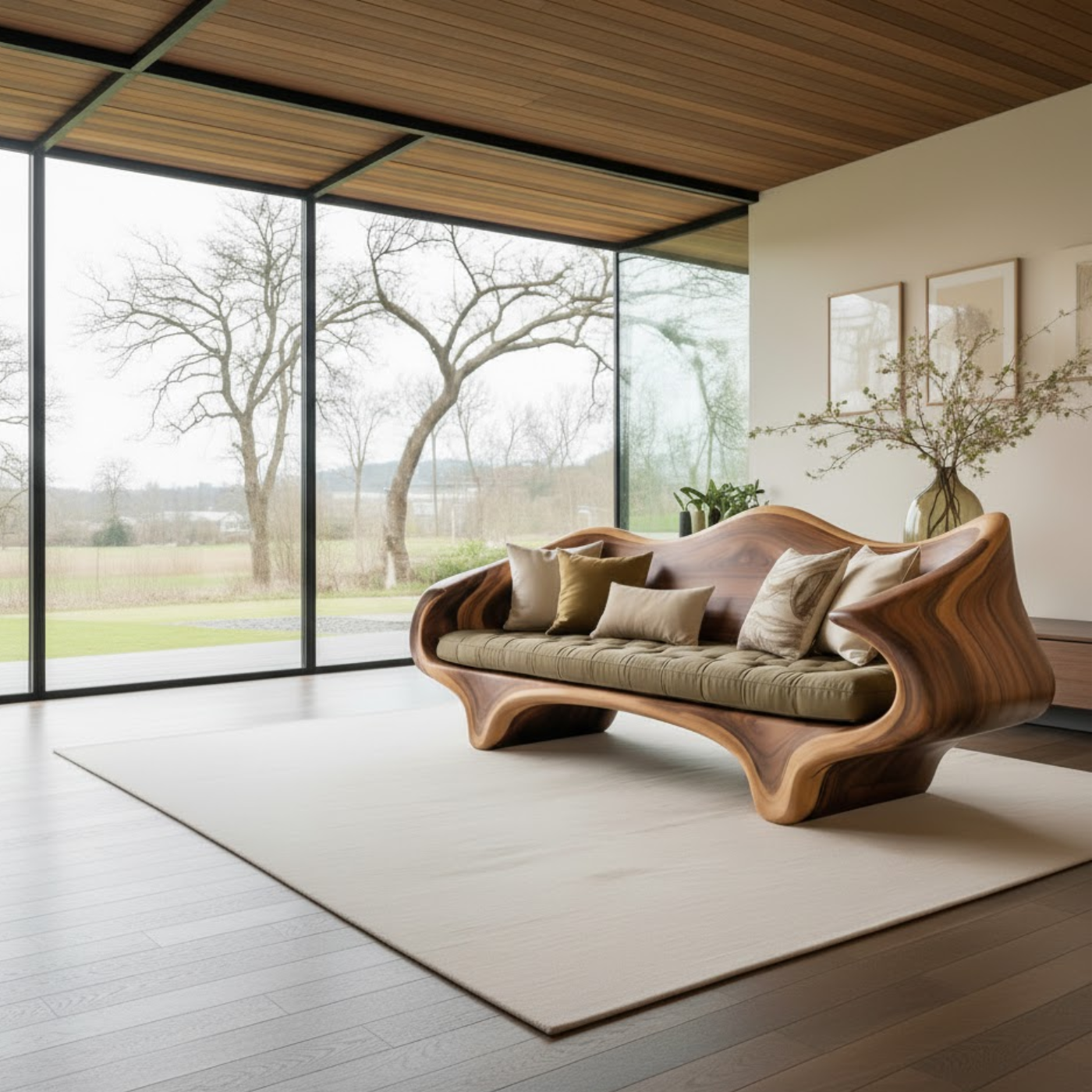 Handcrafted Solid Wood Sofa – Sculptural Organic Wood Couch with Artistic Curves and Cushion Seat Kitchnce