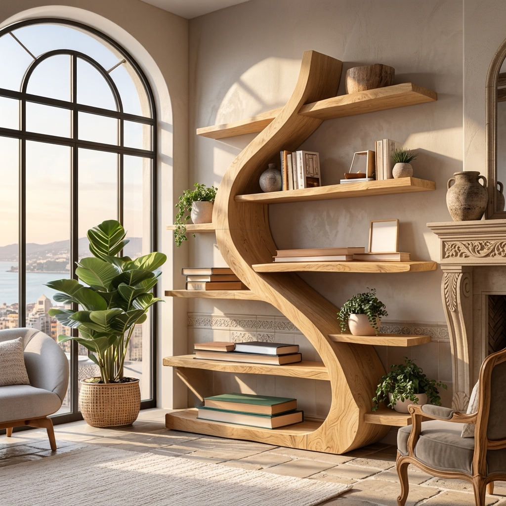 Organic Wooden Bookshelf Soft Curved Design For Home Decor Kitchnce