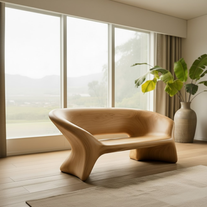 Handcrafted Solid Wood Sofa – Sculptural Organic Bench-Style Couch with Smooth Minimalist Design Kitchnce