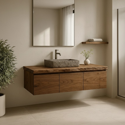 Handcrafted Solid Wood Floating Vanity - 3-Drawer Live Edge Walnut for Vessel Sink Kitchnce