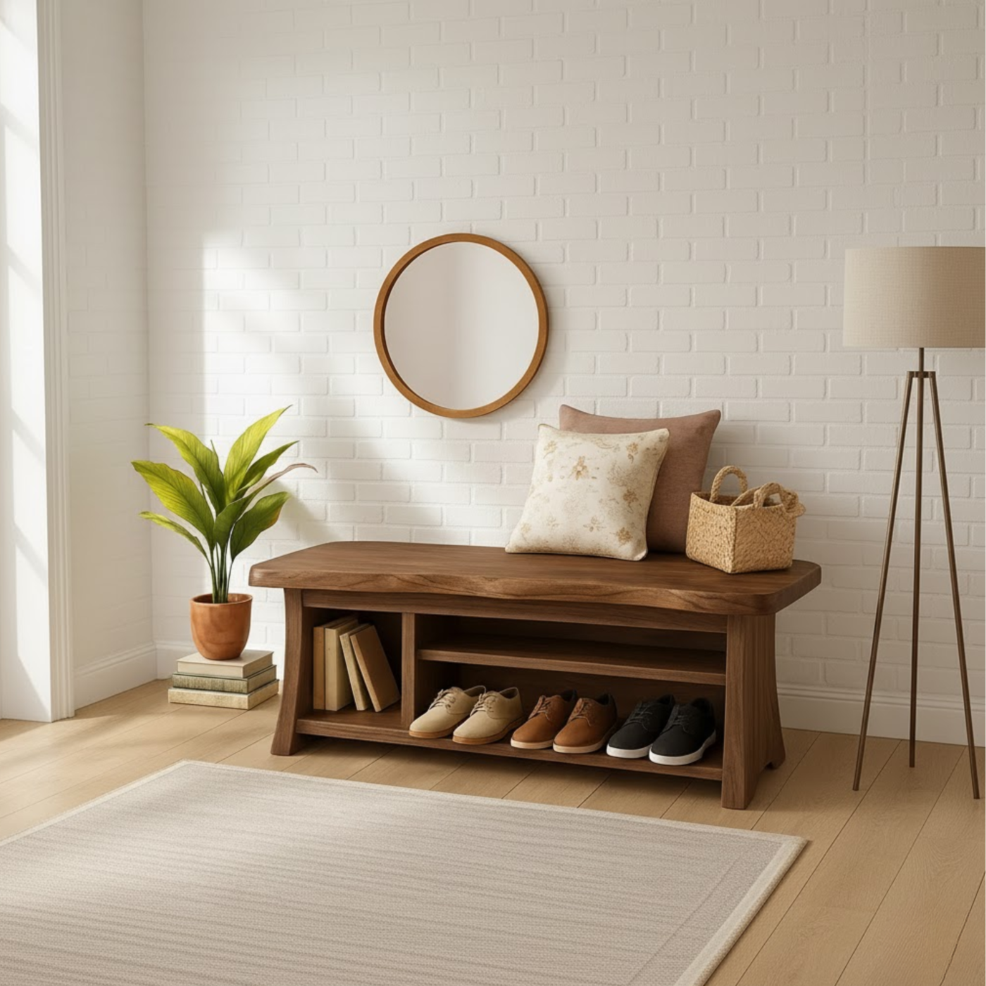 Handcrafted Solid Wood Walnut Bench – Organic Design with Integrated Shelving Kitchnce