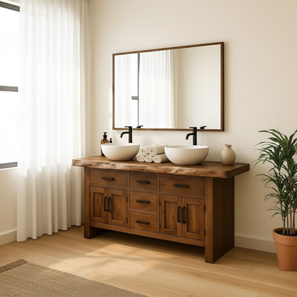Handcrafted Solid Wood Bathroom Vanity - Live Edge Rustic Cabinet with Doors & Sink Kitchnce
