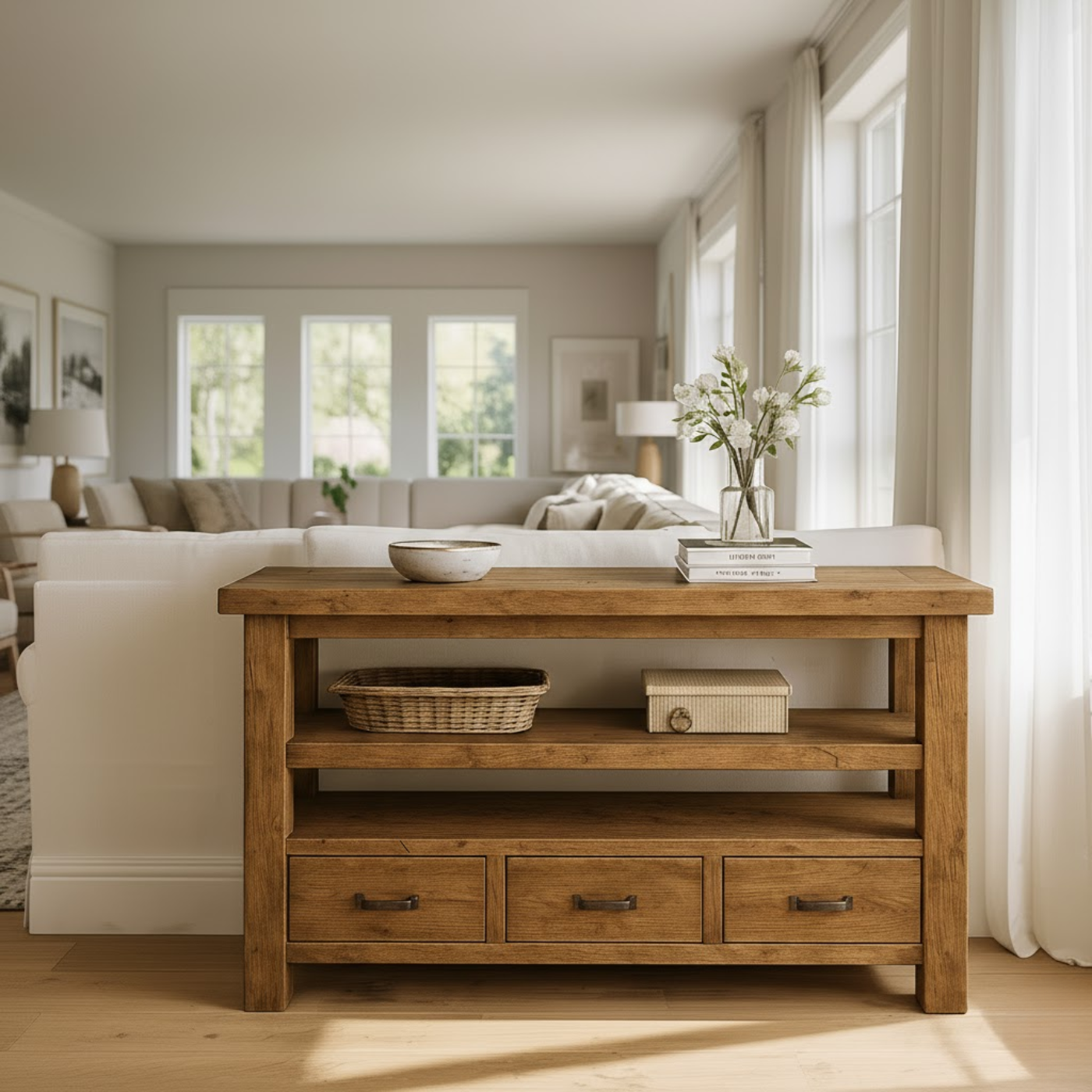Handcrafted Solid Wood Console Table – Farmhouse Style with Three Storage Drawers Kitchnce