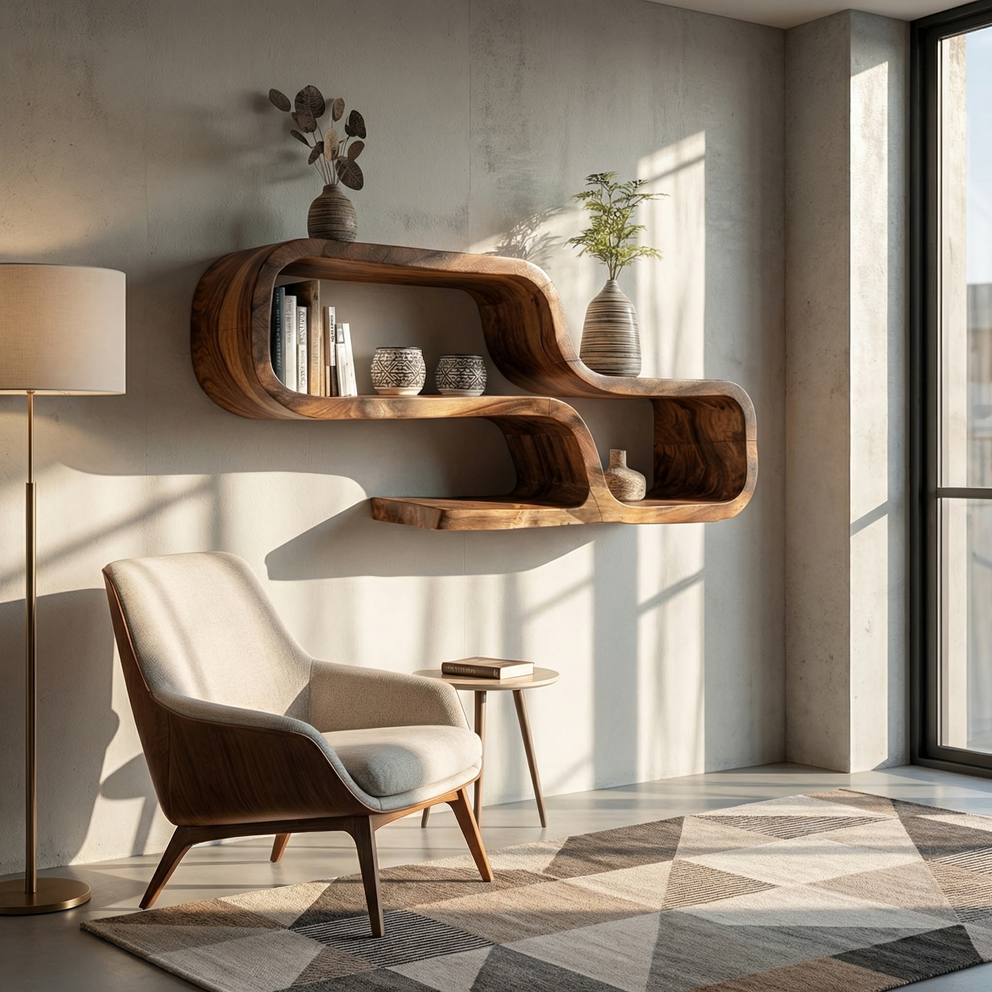Natural Wood Floating Shelf with Sculpted Organic Edge