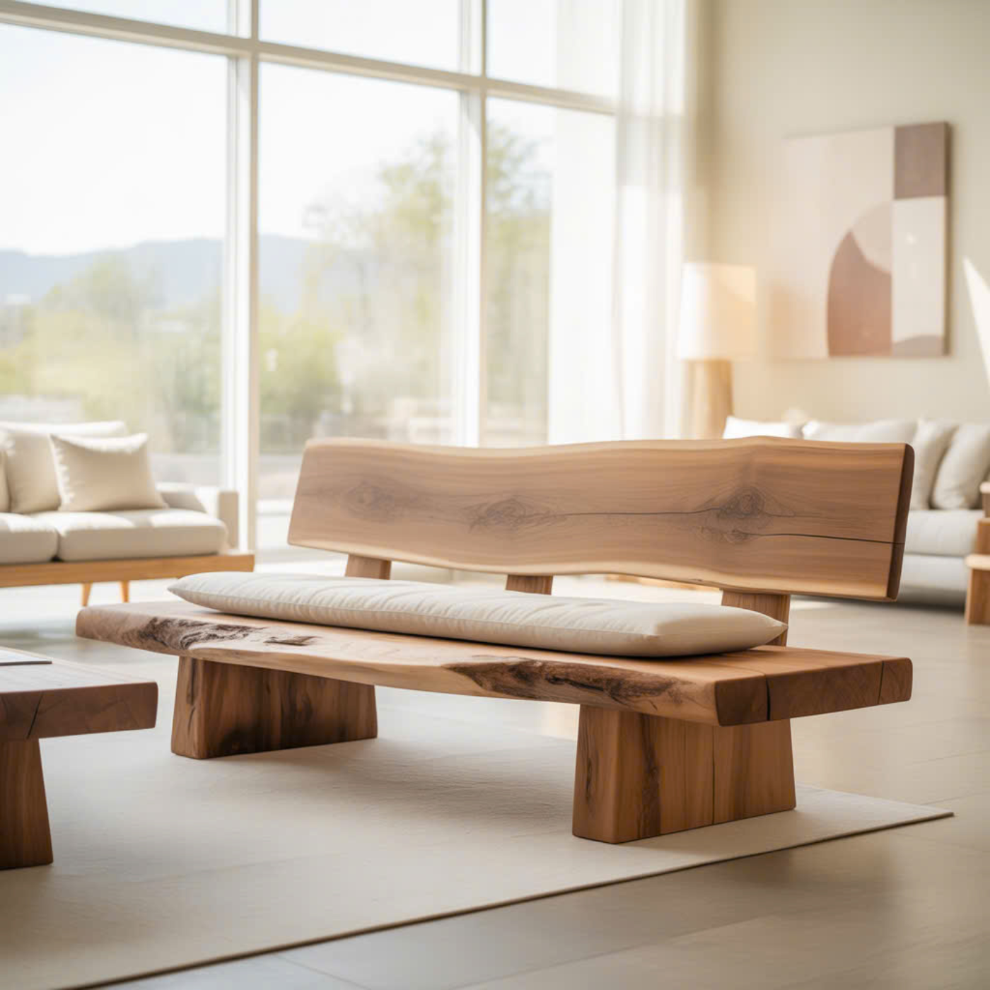 Handcrafted Solid Wood Sofa – Rustic Live Edge Bench-Style Couch with Minimalist Natural Design Kitchnce