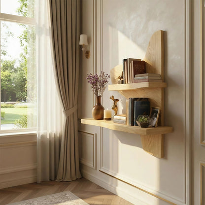 Asymmetrical Two-Tier Wall Shelf in Natural Wood with Sculptural Form