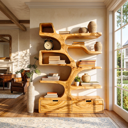 Contemporary Wooden Bookshelf Sculpted Design For Living Space Kitchnce
