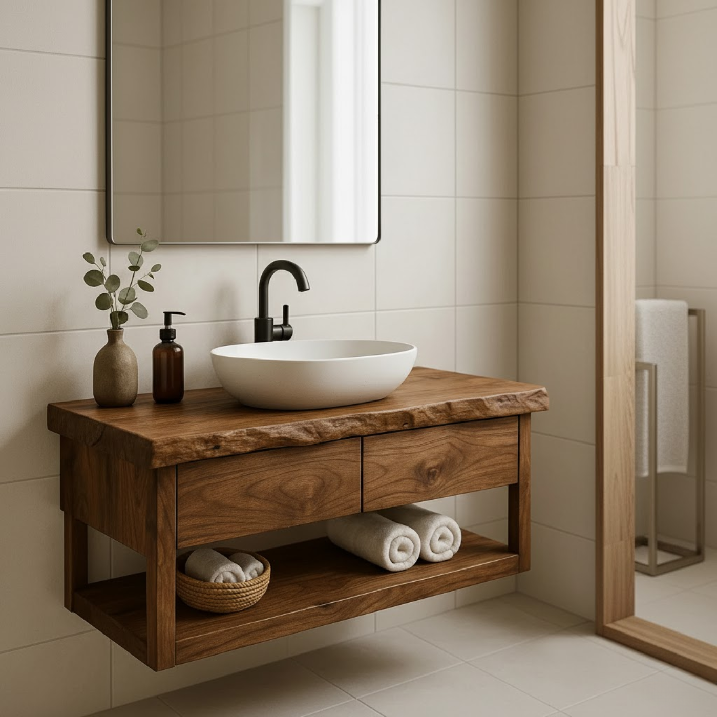 Rustic Solid Wood Floating Bathroom Vanity with Open Shelf Storage