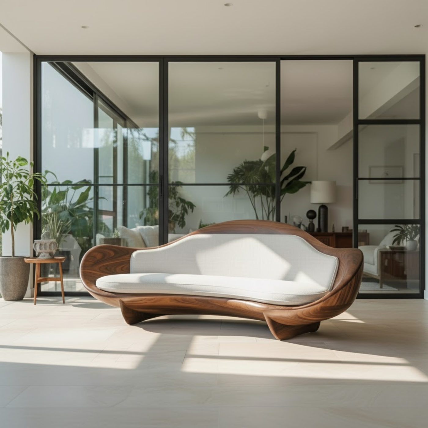 Handcrafted Solid Wood Sofa – Modern Organic Sculptural Couch with Curved Wood Frame Kitchnce