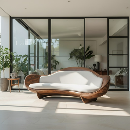 Handcrafted Solid Wood Sofa – Modern Organic Sculptural Couch with Curved Wood Frame Kitchnce